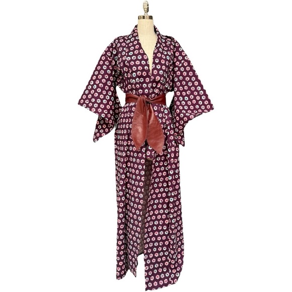 Handmade Vintage Floral Kimono Robe with Hexagon Print, Blue Purple Unique - Picture 1 of 10